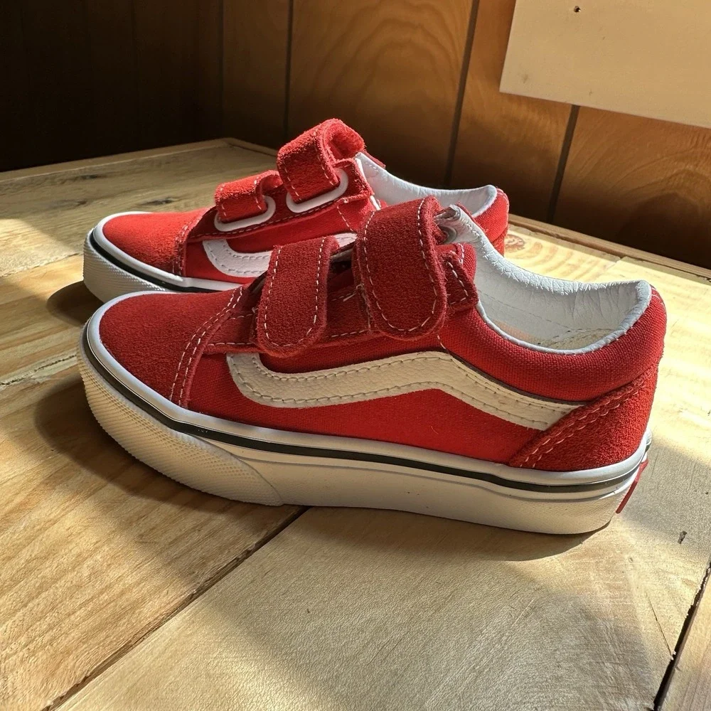 VANS Old Skool Red White Suede Canvas Sneakers Unisex Kids US 10.5 Hook & Loop